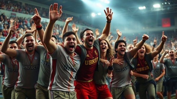 Cricket Celebration Bowl victory jubilance, fans and players celebrating.