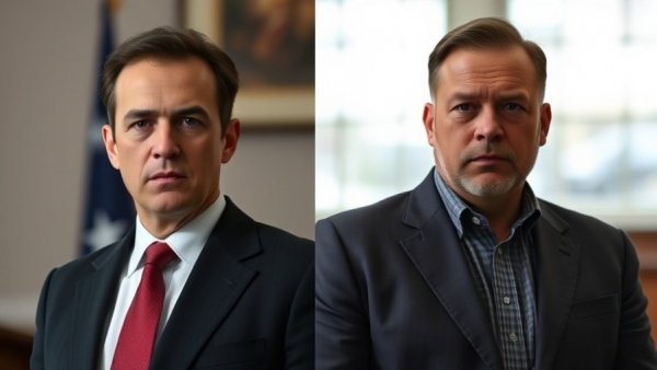 U.S. government news, two individuals in a split-screen composition, serious in official setting.