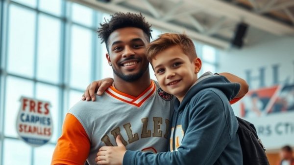 Dallas Cowboys player embracing young fan in team apparel.