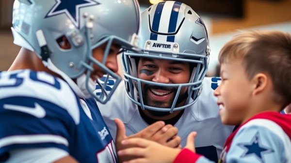 Dallas Cowboys player's warm interaction with young fan, cinematic recap moment.