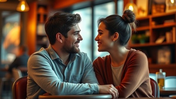 Couple discussing signs of serial monogamy in a cozy café.