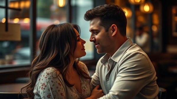 Romantic couple in a cafe, signs of being a serial monogamist theme.