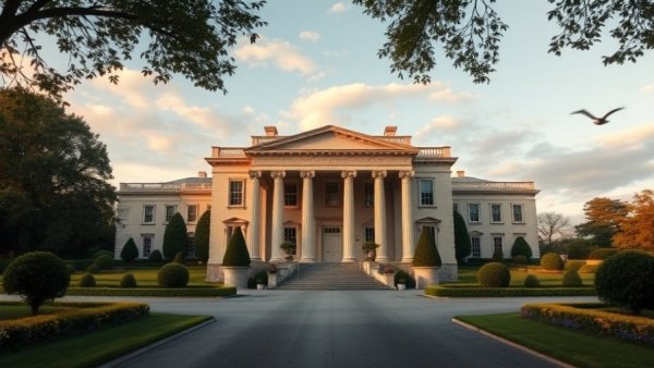 Luxurious Dallas mansion with grand columns and manicured gardens.