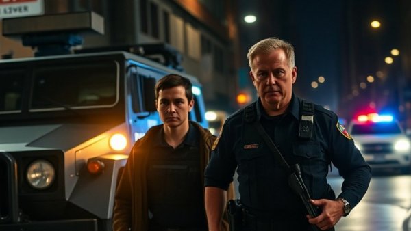 Police officers near armored vehicle amid Brown University shooting scene.