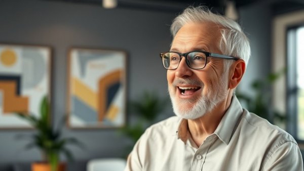 Energetic senior man discussing nutrition for seniors in a modern office.