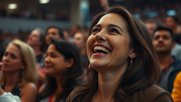 Emotional woman expressing pride at an indoor event.