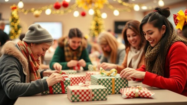 Boerne holiday volunteer gifts for children, wrapping session.