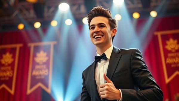 First Hoosier to take home the Heisman Trophy on stage smiling.