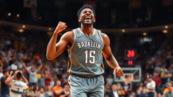 Spurs player celebrates advancing to the Emirates NBA Cup Championship in lively arena.