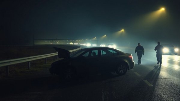 Dim highway accident scene with damaged car, responder present.