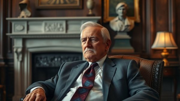 Contemplative elderly man in office, fundraising for presidential library.