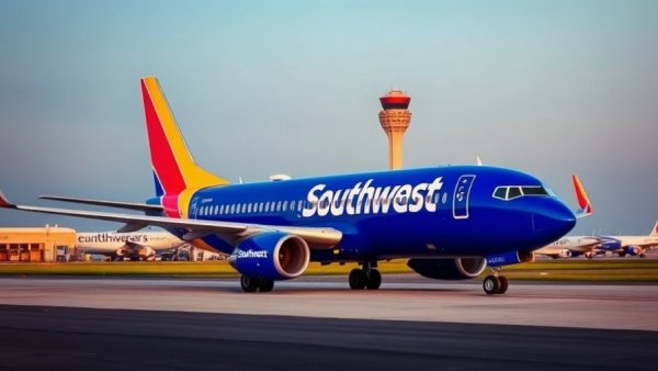 Southwest Airlines plane on runway at Austin airport with control tower in view.