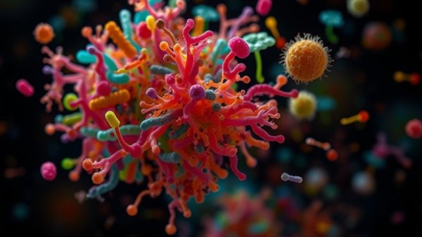 Microscopic gut bacteria influencing multiple sclerosis, vibrant colors.