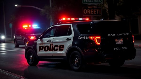 Police vehicle at night in San Antonio bar shooting scene.