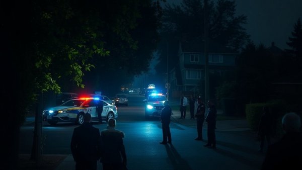 Police presence on dark suburban street during investigation.