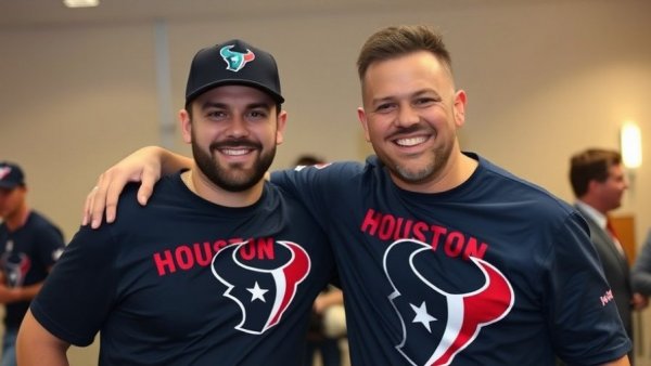 Houston Texans identity showcased by individuals in branded shirts.
