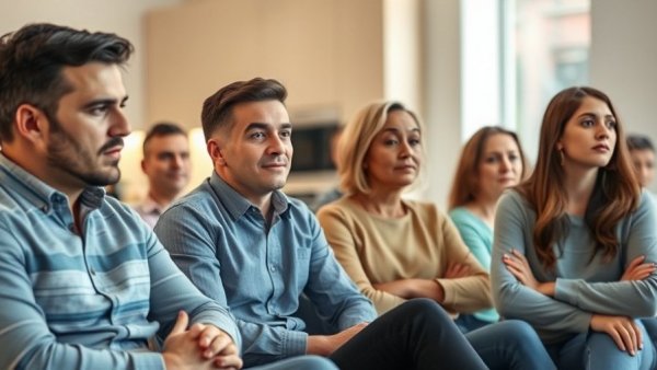 Group discussing serious topic in a modern room
