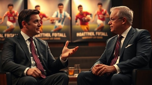 Two suited men converse animatedly in a sports studio with football banners.