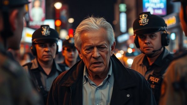 Older man in distress surrounded by police officers at night.