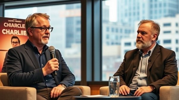 Panel discussion with movie poster 'Being Charlie', two men speaking.