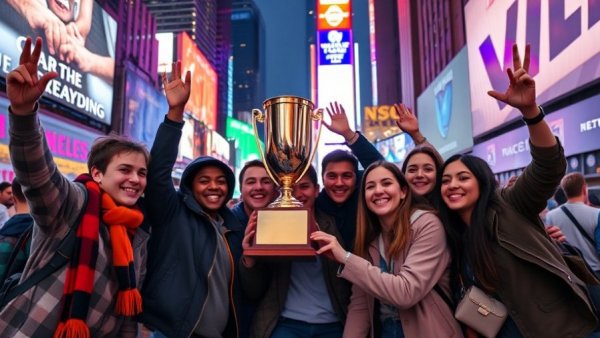 Indiana students in Times Square celebrating with a trophy, Always Blocking for Their Boy.