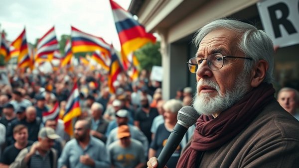 Protestors rally outdoors, older man speaks on political issues