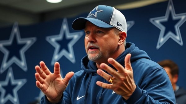 Coach explaining Dallas Cowboys defense strategies at press conference.