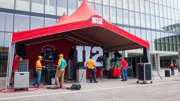 Workers setting up in front of Big 12 tent for private equity deal.