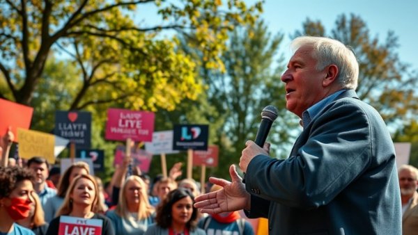 Outdoor political rally in Texas with passionate speaker and diverse crowd.