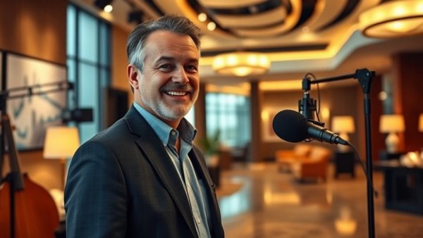 Middle-aged man experiences in recording studio and LA hotel lobby.