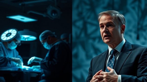 Split screen showing surgical operation and man speaking on Midwest organ donation crisis.