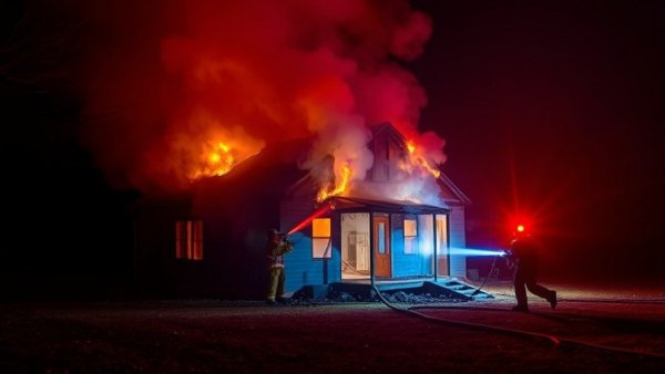 Fire at abandoned house in northeast Austin being extinguished at night.