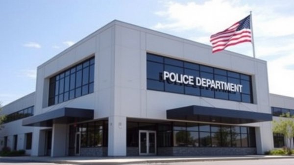 San Marcos Police Department facade with USA flag, daytime