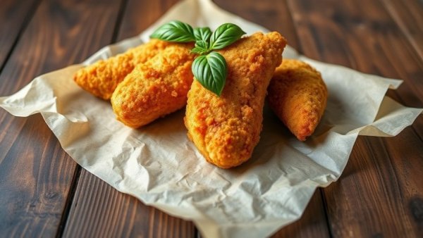 Golden fried chicken tenders on parchment paper
