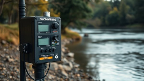 Modern flood warning system by Guadalupe River, close-up view.