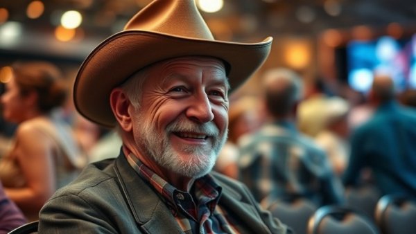 Elderly man in cowboy hat smiling at event, Dave Ward funeral services.