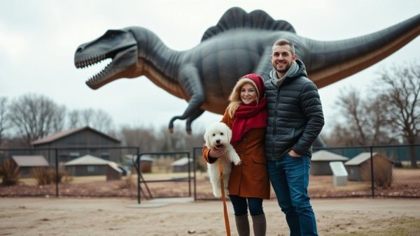 Visitors at Dinosaur Valley State Park with dinosaur statue.