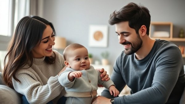 Young parents engaging with baby to support brain development.