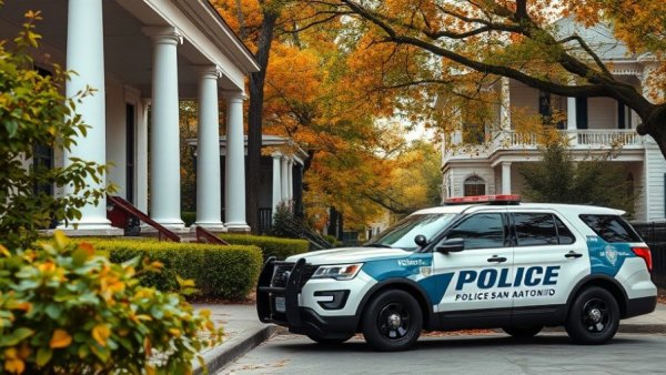 San Antonio police vehicle near residential house in autumn, San Antonio police news.