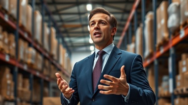 Confident speaker discusses H1B visa fee lawsuit in warehouse.