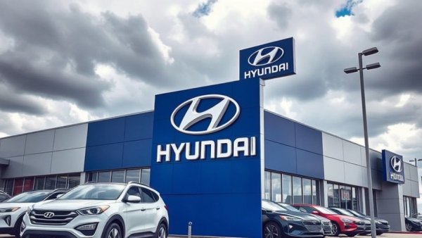 Hyundai dealership sign with modern cars for Hyundai and Kia free repairs.