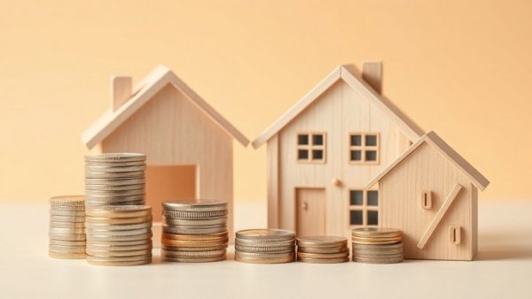 Wooden houses and coin stacks represent monthly payments for a $650,000 mortgage.