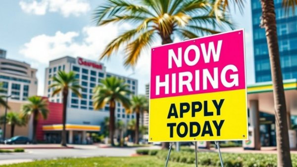 US job market November report: Now hiring sign with city backdrop.