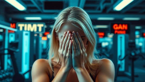 Woman with hands on face in glitchy gym background, high-intensity workouts theme.