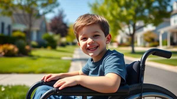 Cheerful young boy in wheelchair outside with adults, illustrating Disability Rights Lawyers Funding Cuts.