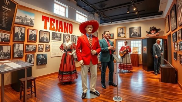 Tejano music history museum interior with exhibits and mannequins.