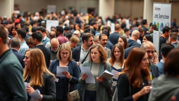 Candidates interacting at a job fair, discussing opportunities.