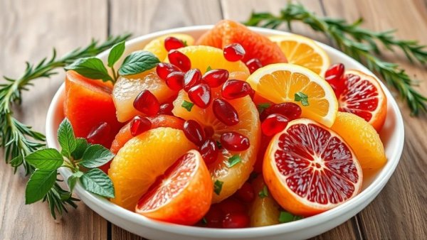 Citrus salad with rosemary and juniper syrup on a white dish.