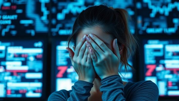 Overwhelmed woman in front of glitchy gym screens, masochistic workouts context.