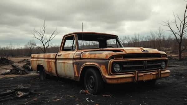 Burnt-out truck in a rural setting linked to Texas AG Ken Paxton lawsuit against Xcel Energy.